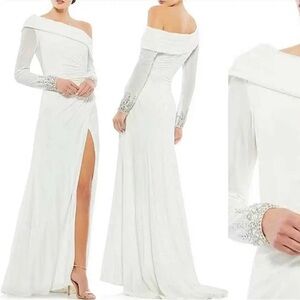 Mac Duggal White Beaded Cuff Drop Shoulder Faux Wrap Gown Style #12231